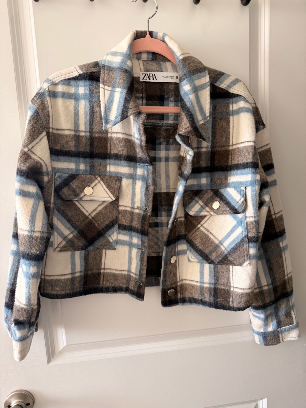 ZARA Plaid Shacket Jacket in Cream, Blue & Brown